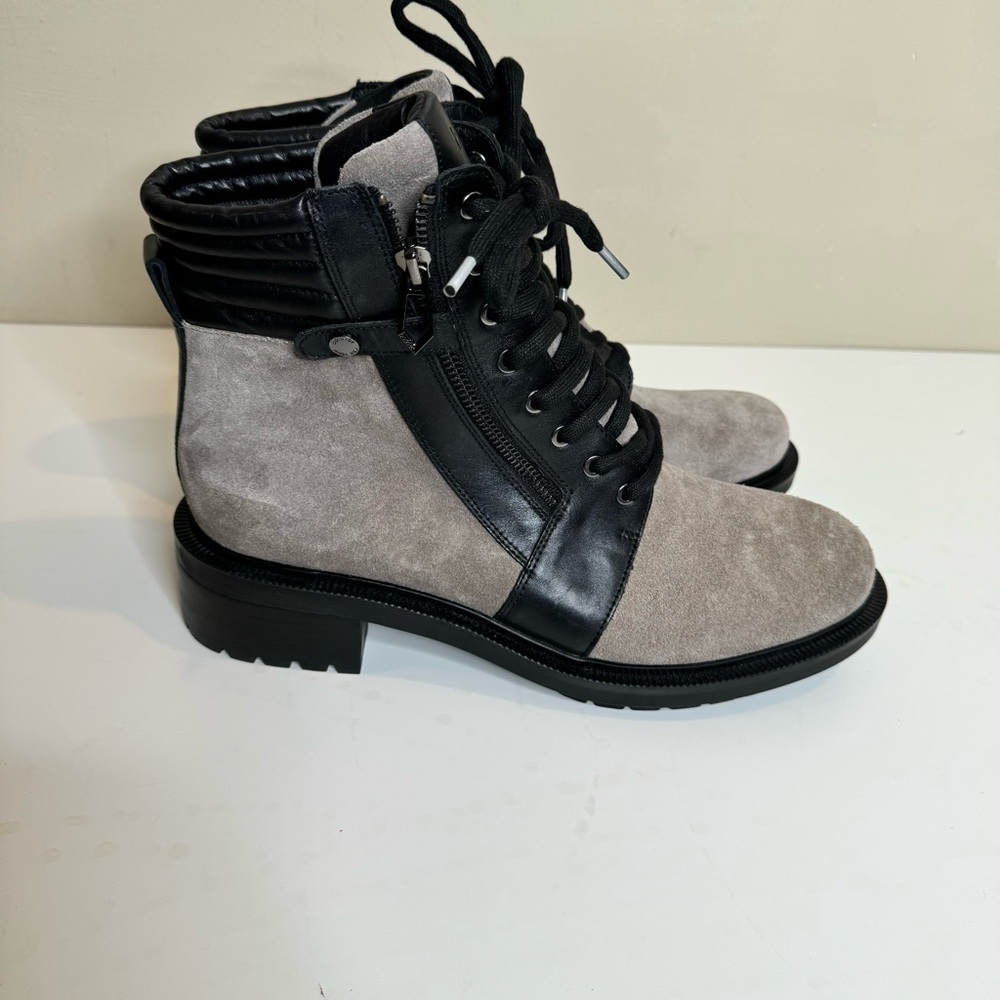Botkier lace up moto combat boots in suede and leather in black and gray…